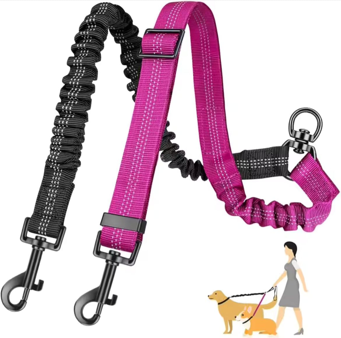 16ft Long Dual Dog Leash Attachment - Double Leashes for Training Small to Large Dogs - Adjustable Strap, Shock Absorbing Bungee