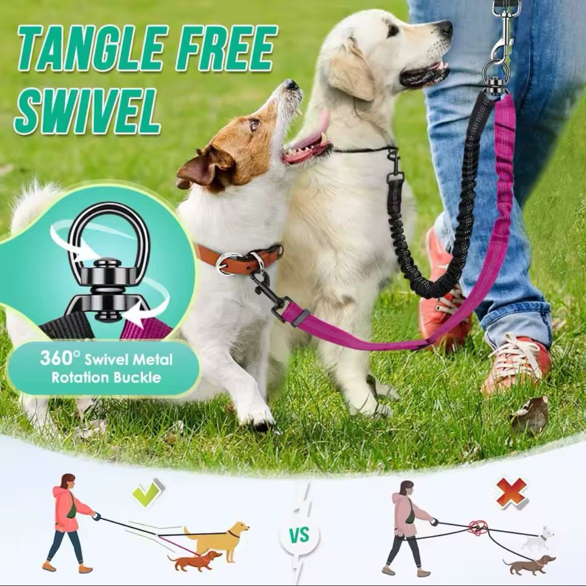 16ft Long Dual Dog Leash Attachment - Double Leashes for Training Small to Large Dogs - Adjustable Strap, Shock Absorbing Bungee