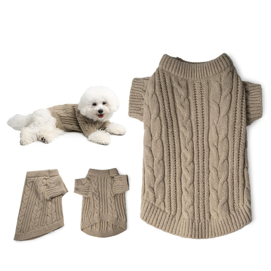 Knitted sweater to keep dogs warm in chilly conditions.