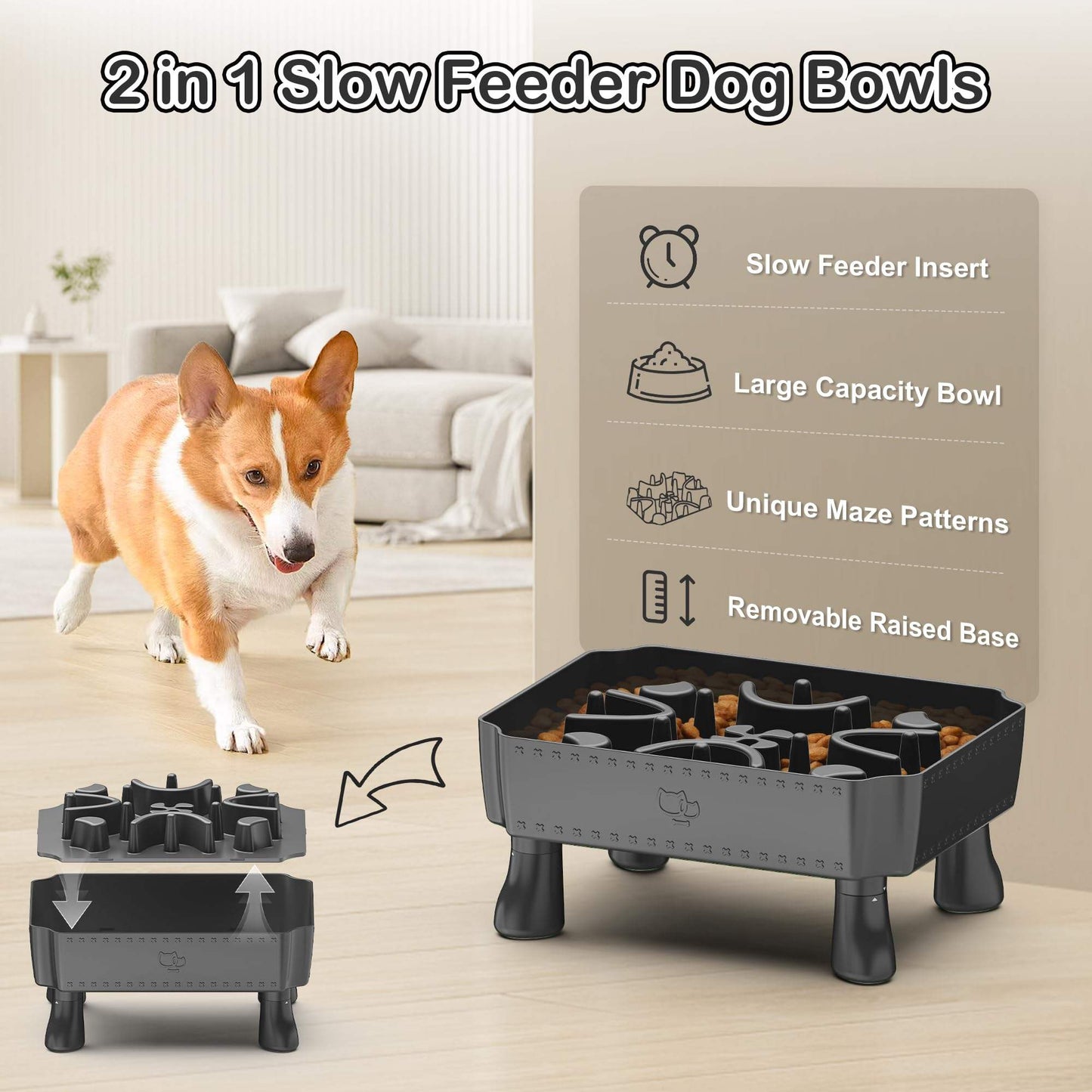 2-in-1 Raised Slow Feeder Dog Bowl With Puzzle Maze Design